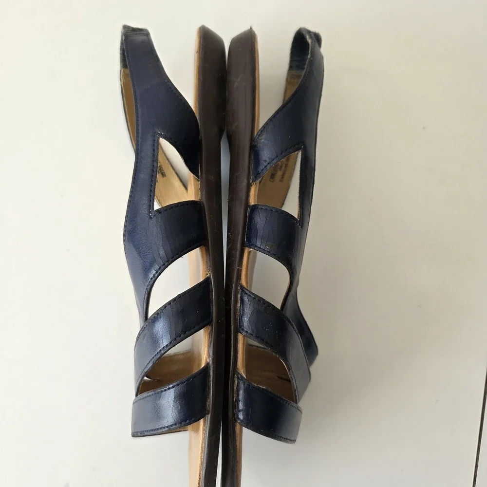 Vtg 90s Basic Editions Sandal Womens 11 Strappy‎ Navy Blue Faux Leather Flats